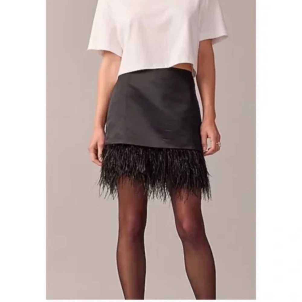 J Crew NWT Black Satin Feather Trim Mini Skirt Party Cocktail Holiday Size 0